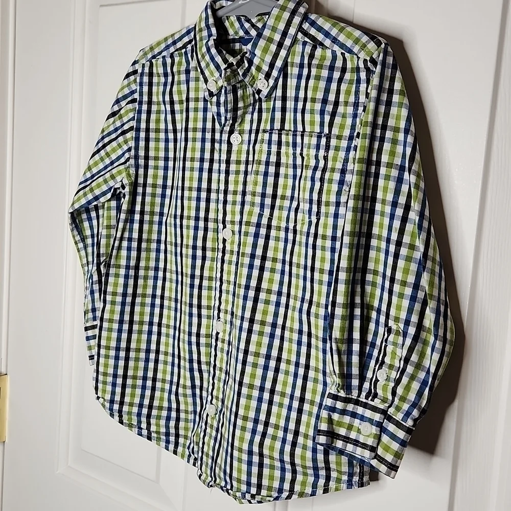 𝅺gymboree White Blue Green Plaid Shirt Size 3T